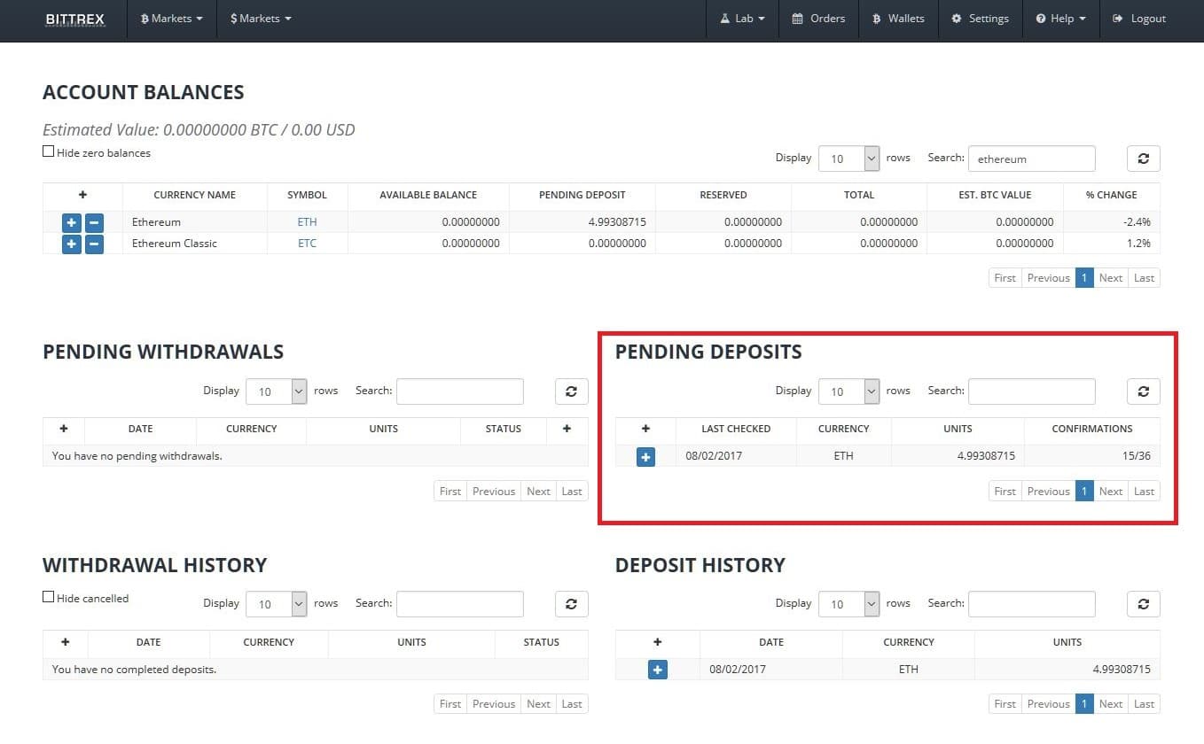 Bittrex pending deposits