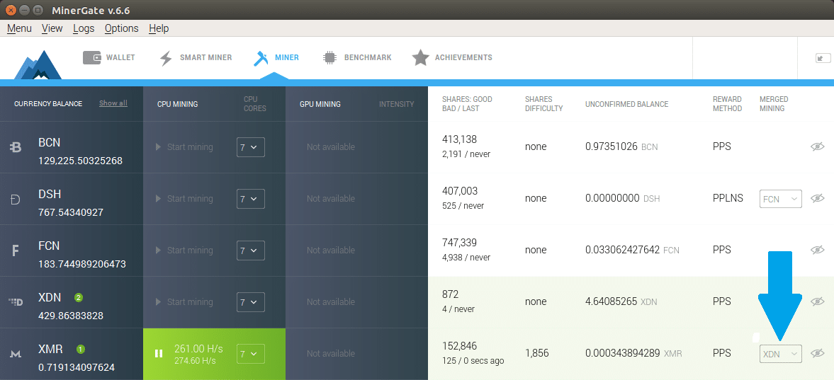 Screenshot of Monero (XMR) merged mining option from Minergate