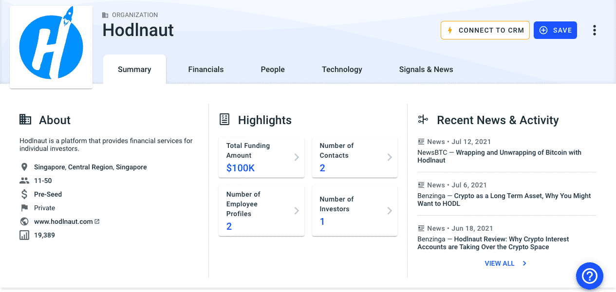 Hodlnaut's company information as of 30/7/2021, courtesy of Coinbase