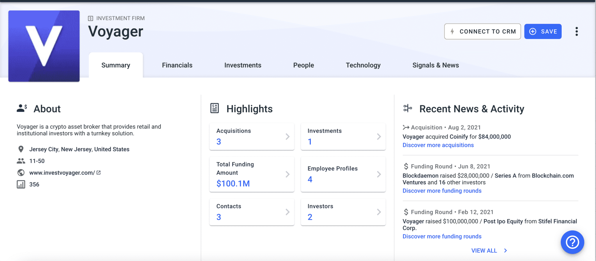 Voyager Invest on Crunchbase (courtesy of Crunchbase)